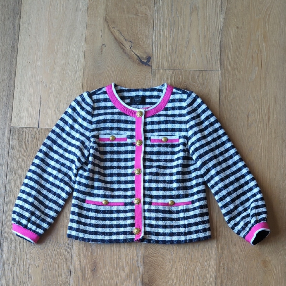 J. Crew | Grosgrain-trim Jacket In Gingham Tweed Black White & Pink